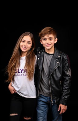 A striking image featuring a girl and a boy standing together against a dramatic black background