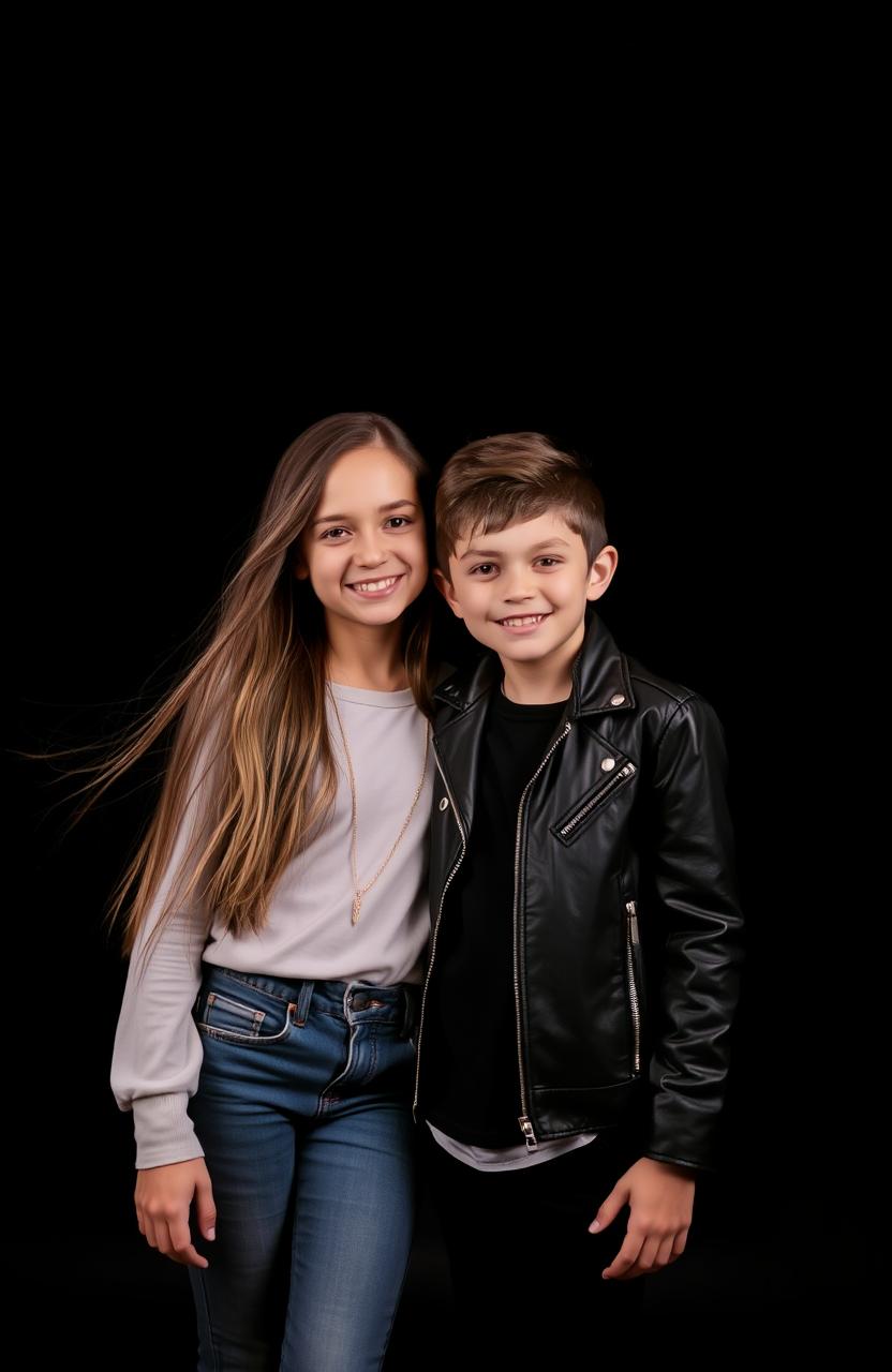 A striking image featuring a girl and a boy standing together against a dramatic black background