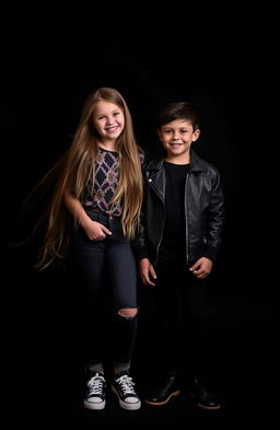 A striking image featuring a girl and a boy standing together against a dramatic black background