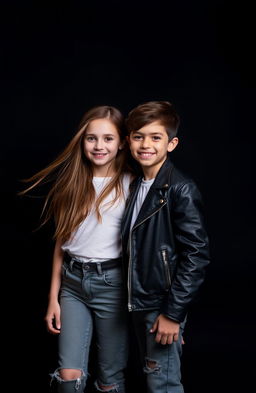 A striking image featuring a girl and a boy standing together against a dramatic black background