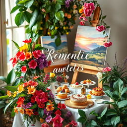 A romantic book cover featuring a lush array of vibrant plants and colorful flowers intertwined around a beautifully set table adorned with exquisite desserts and food