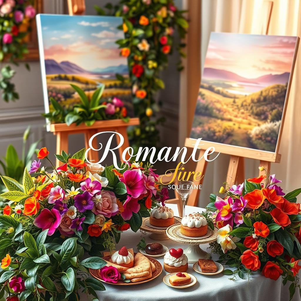 A romantic book cover featuring a lush array of vibrant plants and colorful flowers intertwined around a beautifully set table adorned with exquisite desserts and food