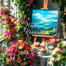 A romantic book cover featuring a lush array of vibrant plants and colorful flowers intertwined around a beautifully set table adorned with exquisite desserts and food