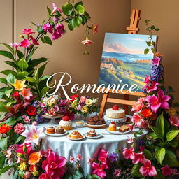 A romantic book cover featuring a lush array of vibrant plants and colorful flowers intertwined around a beautifully set table adorned with exquisite desserts and food