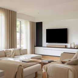 A rectangular living room with a modern TV unit facing an L-shaped couch. Throughout the room, corner windows sit next to a cozy fireplace, filling the space with light. A large, comfortable chair rests invitingly near the warmth.