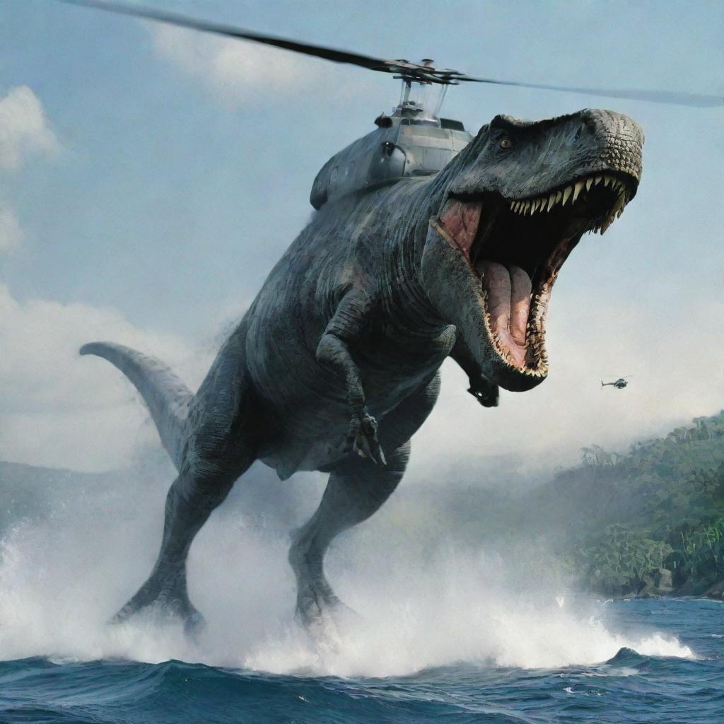 Craft a high-octane, mid-air battle between the InGen-branded helicopter and a colossal Mosasaurus leaping from the ocean to attack. Dennis Nedry's face reflects sheer terror as the dramatic scene unfolds over Jurassic Park's tumultuous waters.