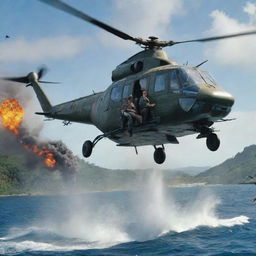 Craft a high-octane, mid-air battle between the InGen-branded helicopter and a colossal Mosasaurus leaping from the ocean to attack. Dennis Nedry's face reflects sheer terror as the dramatic scene unfolds over Jurassic Park's tumultuous waters.