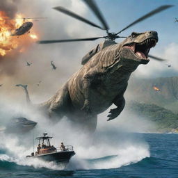 Craft a high-octane, mid-air battle between the InGen-branded helicopter and a colossal Mosasaurus leaping from the ocean to attack. Dennis Nedry's face reflects sheer terror as the dramatic scene unfolds over Jurassic Park's tumultuous waters.