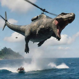 Craft a high-octane, mid-air battle between the InGen-branded helicopter and a colossal Mosasaurus leaping from the ocean to attack. Dennis Nedry's face reflects sheer terror as the dramatic scene unfolds over Jurassic Park's tumultuous waters.