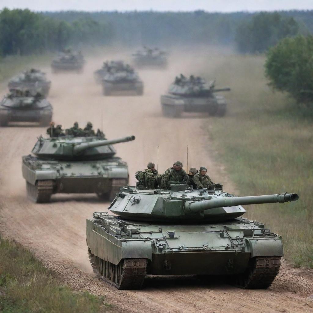 Russian Federation's army advancing in tanks for an assault