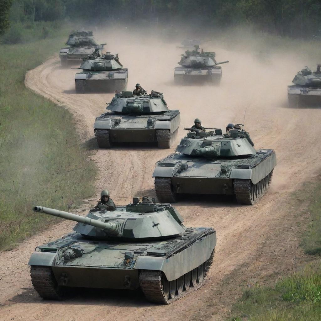 Russian Federation's army advancing in tanks for an assault