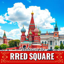 A vibrant and eye-catching poster design depicting Red Square in Moscow, featuring the iconic Saint Basil's Cathedral with its colorful domes, the imposing Kremlin walls in the background, and the historic State Historical Museum