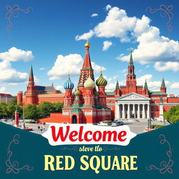 A vibrant and eye-catching poster design depicting Red Square in Moscow, featuring the iconic Saint Basil's Cathedral with its colorful domes, the imposing Kremlin walls in the background, and the historic State Historical Museum