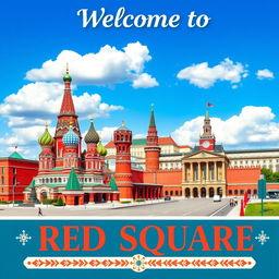 A vibrant and eye-catching poster design depicting Red Square in Moscow, featuring the iconic Saint Basil's Cathedral with its colorful domes, the imposing Kremlin walls in the background, and the historic State Historical Museum