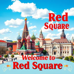 A vibrant and eye-catching poster design depicting Red Square in Moscow, featuring the iconic Saint Basil's Cathedral with its colorful domes, the imposing Kremlin walls in the background, and the historic State Historical Museum