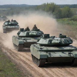 Russian Federation's army advancing in tanks for an assault