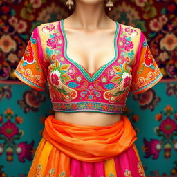 A stunning and intricately designed female Indian blouse, showcasing vibrant colors and exquisite embroidery with traditional motifs