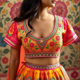 A stunning and intricately designed female Indian blouse, showcasing vibrant colors and exquisite embroidery with traditional motifs