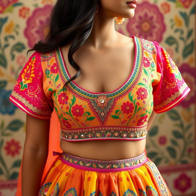 A stunning and intricately designed female Indian blouse, showcasing vibrant colors and exquisite embroidery with traditional motifs