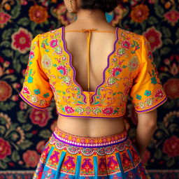 A stunning and intricately designed female Indian blouse, showcasing vibrant colors and exquisite embroidery with traditional motifs