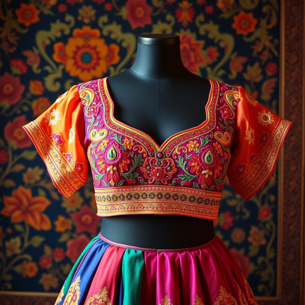 A stunning and intricately designed female Indian blouse, showcasing vibrant colors and exquisite embroidery with traditional motifs