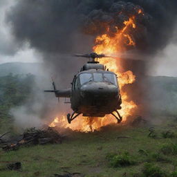 Create a visceral scene of the damaged helicopter spiraling downwards before erupting into a fiery explosion on crashing. The burning wreckage contrasts intensely with the rain-soaked panorama of Jurassic Park on storm-torn Isla Nublar.