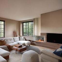 A rectangular living room with a modern TV unit facing an L-shaped couch. Throughout the room, corner windows sit next to a cozy fireplace, filling the space with light. A large, comfortable chair rests invitingly near the warmth.