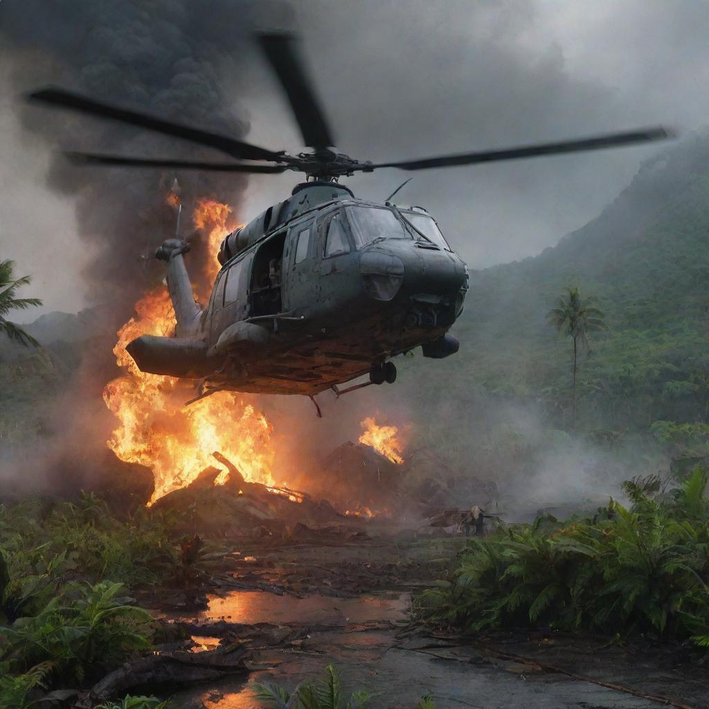 Create a visceral scene of the damaged helicopter spiraling downwards before erupting into a fiery explosion on crashing. The burning wreckage contrasts intensely with the rain-soaked panorama of Jurassic Park on storm-torn Isla Nublar.