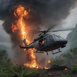 Create a visceral scene of the damaged helicopter spiraling downwards before erupting into a fiery explosion on crashing. The burning wreckage contrasts intensely with the rain-soaked panorama of Jurassic Park on storm-torn Isla Nublar.