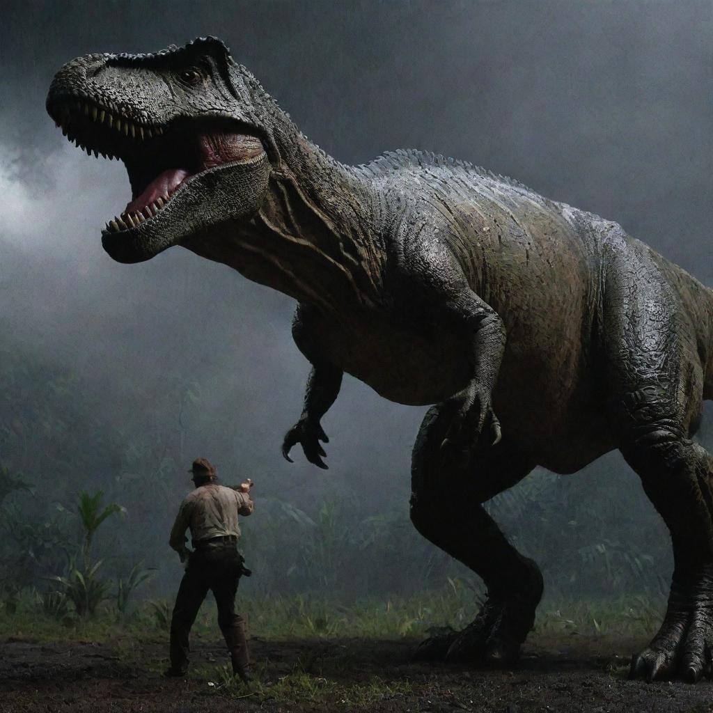 Switch the perspective to Dr. Alan Grant, gun in hand, fearlessly confronting a massive T-Rex on Isla Nublar's Jurassic Park. His focused expression offset by multiple flashes from the gun provides a stark contrast to the rainy night.