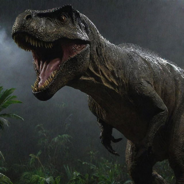 Switch the perspective to Dr. Alan Grant, gun in hand, fearlessly confronting a massive T-Rex on Isla Nublar's Jurassic Park. His focused expression offset by multiple flashes from the gun provides a stark contrast to the rainy night.