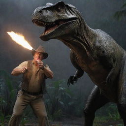 Switch the perspective to Dr. Alan Grant, gun in hand, fearlessly confronting a massive T-Rex on Isla Nublar's Jurassic Park. His focused expression offset by multiple flashes from the gun provides a stark contrast to the rainy night.