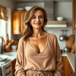 A sexy 46-year-old woman dressed in comfortable home clothes with a medium neckline, standing in a cozy, inviting kitchen