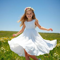 A young girl wearing a beautiful white dress, twirling joyfully under a sunny blue sky