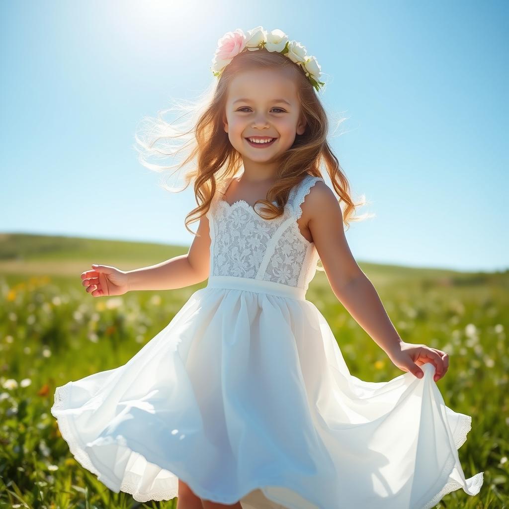 A young girl wearing a beautiful white dress, twirling joyfully under a sunny blue sky