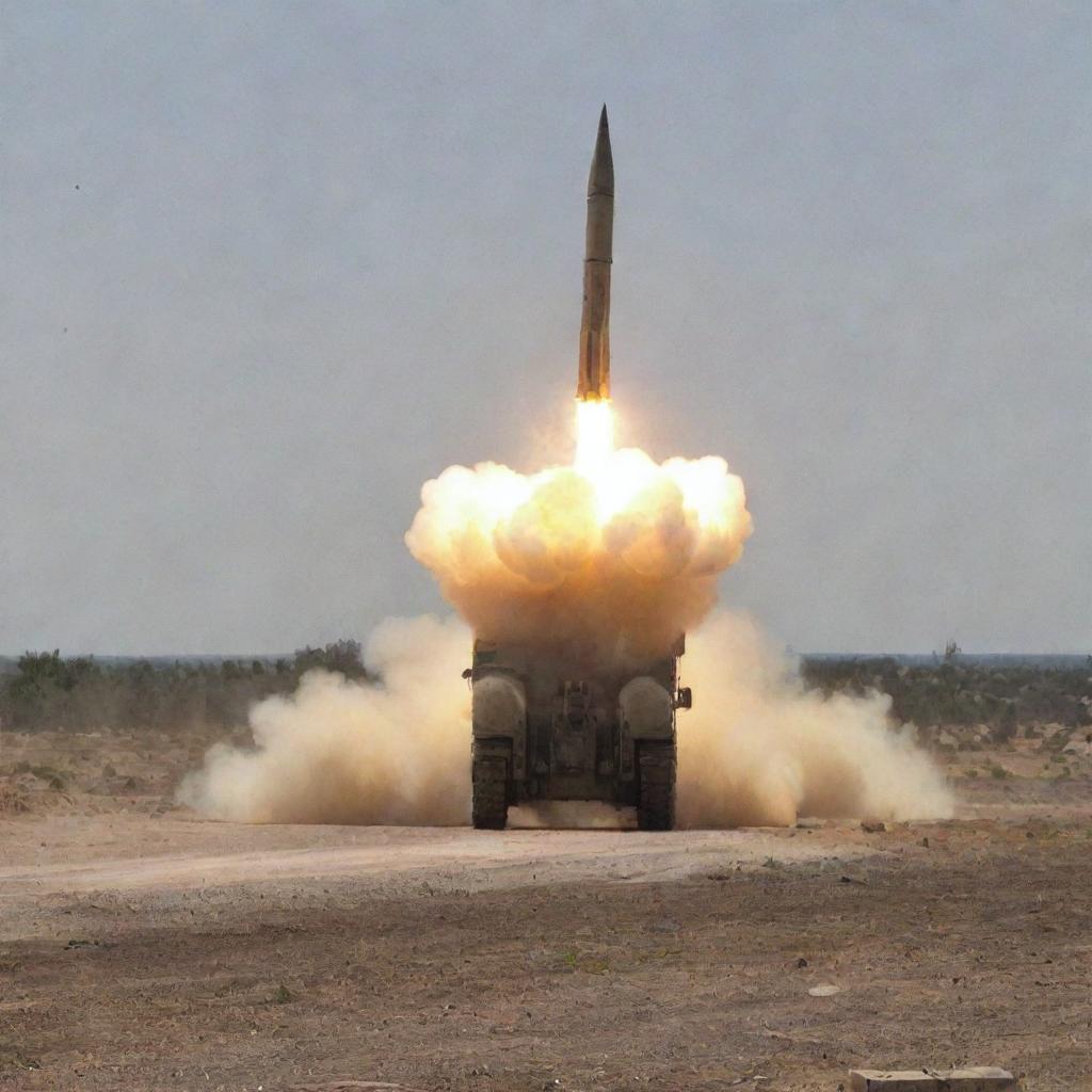 Multiple rocket launcher system firing a barrage of missiles