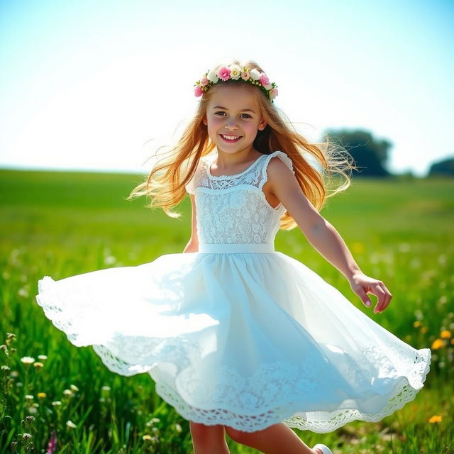 A young girl wearing a beautiful white dress, twirling joyfully under a sunny blue sky