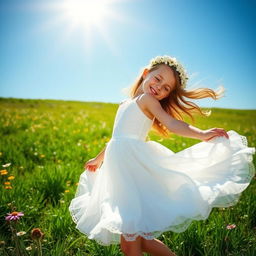 A young girl wearing a beautiful white dress, twirling joyfully under a sunny blue sky