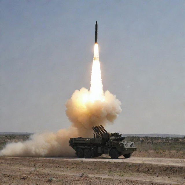 Multiple rocket launcher system firing a barrage of missiles