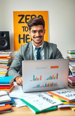 A confident young adult, male, sitting at a desk surrounded by colorful accounting books and papers scattered around