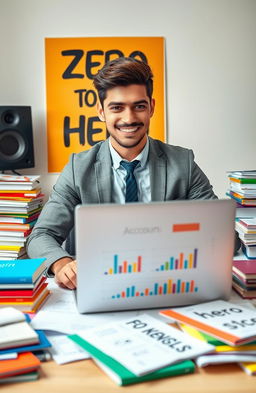 A confident young adult, male, sitting at a desk surrounded by colorful accounting books and papers scattered around