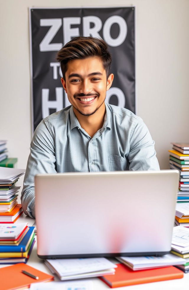 A confident young adult, male, sitting at a desk surrounded by colorful accounting books and papers scattered around