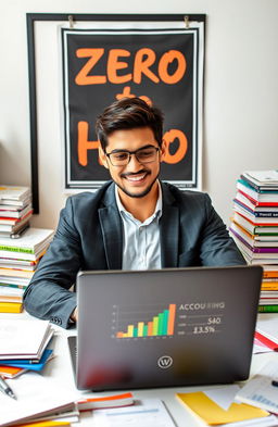 A confident young adult, male, sitting at a desk surrounded by colorful accounting books and papers scattered around