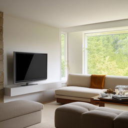 A rectangular living room with a modern TV unit facing an L-shaped couch. Throughout the room, corner windows sit next to a cozy fireplace, filling the space with light. A large, comfortable chair rests invitingly near the warmth.