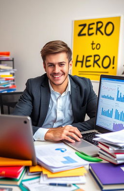 A confident young adult, male, sitting at a desk surrounded by colorful accounting books and papers scattered around