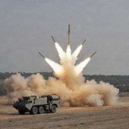 Multiple rocket launcher system firing a barrage of missiles