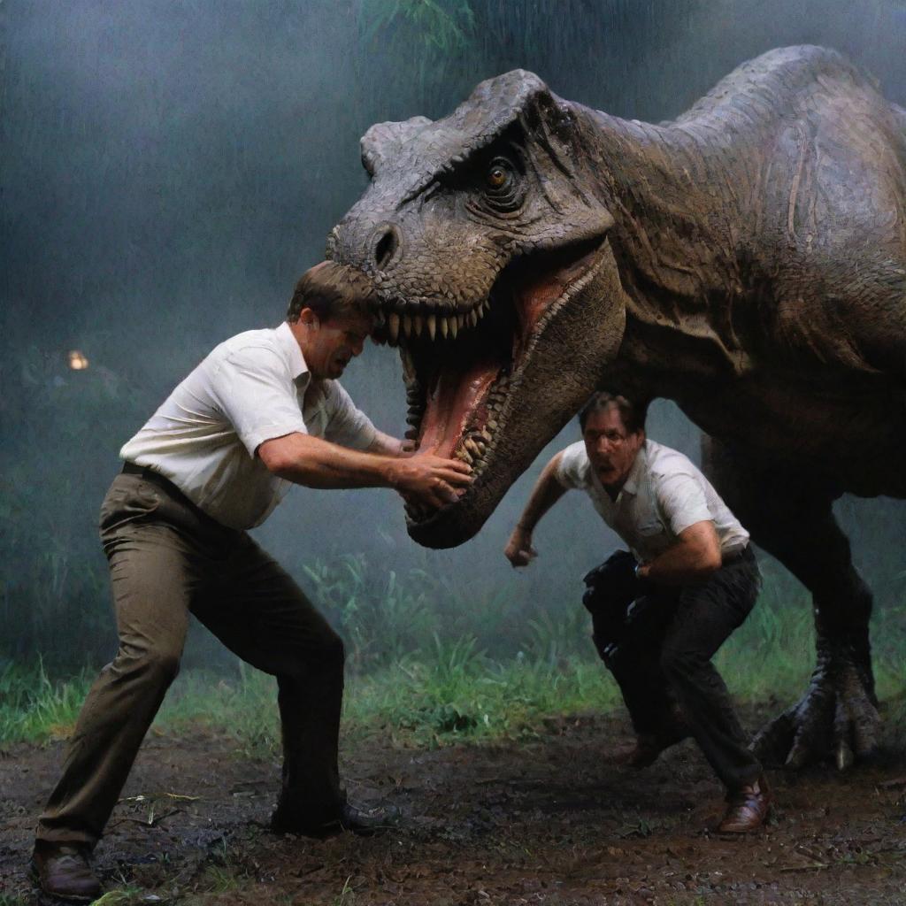 Capture the intense moment where the T-Rex manages to clamp its jaws around Dr. Alan Grant's leg amidst their confrontation. The pain and shock on Grant's face intensify the thrills in this climactic event in Jurassic Park's stormy night.