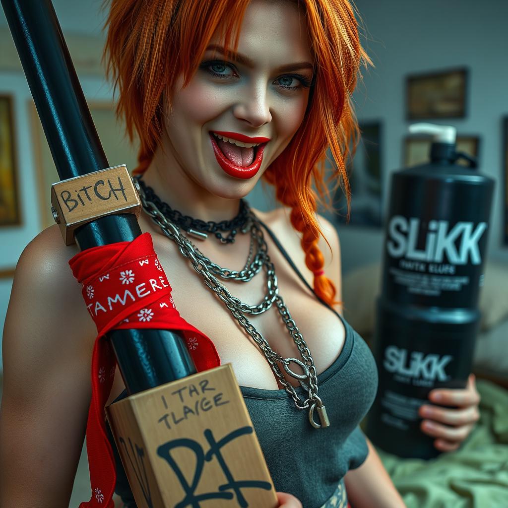 A close-up shot of a sexy redhead female with a large chest wearing a tank top adorned with punk chains