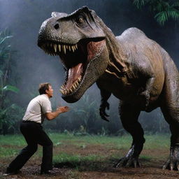 Capture the intense moment where the T-Rex manages to clamp its jaws around Dr. Alan Grant's leg amidst their confrontation. The pain and shock on Grant's face intensify the thrills in this climactic event in Jurassic Park's stormy night.