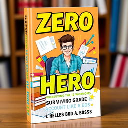 A vibrant book cover design featuring the title 'Zero to Hero: Surviving Grade 12 Accounting Like a Boss' prominently displayed in bold, eye-catching typography